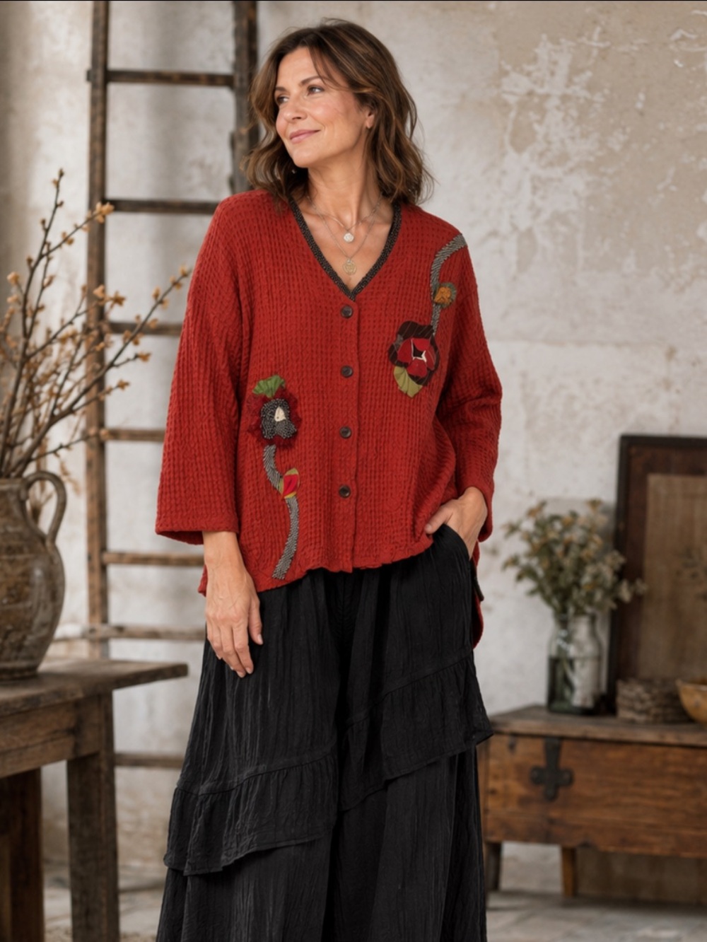 Red Button-Up Waffle Cotton top with Floral Accents in size Med/L